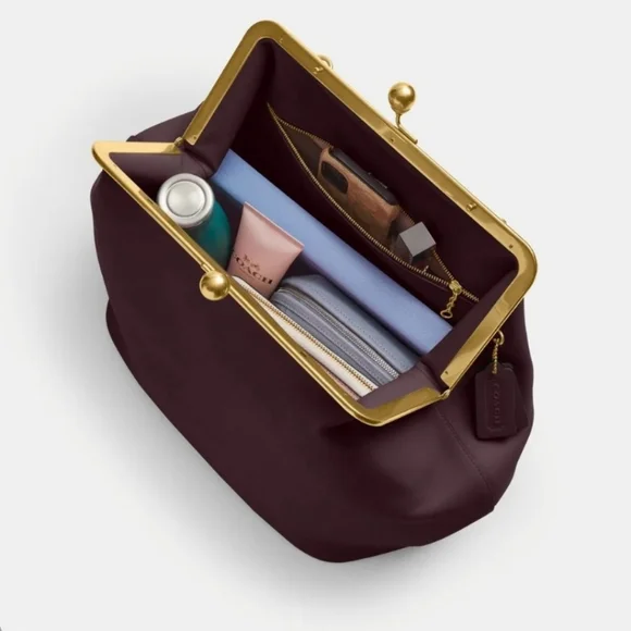 COACH Large Oversized Kisslock Frame Shoulder Bag Clutch Bag Brown - Picture 5 of 11